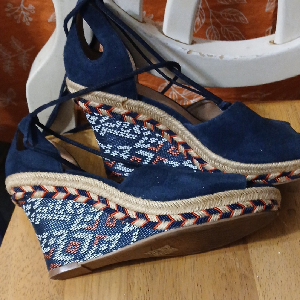 Navy Suede Espadrille Wedge Sandals - Lace-Up